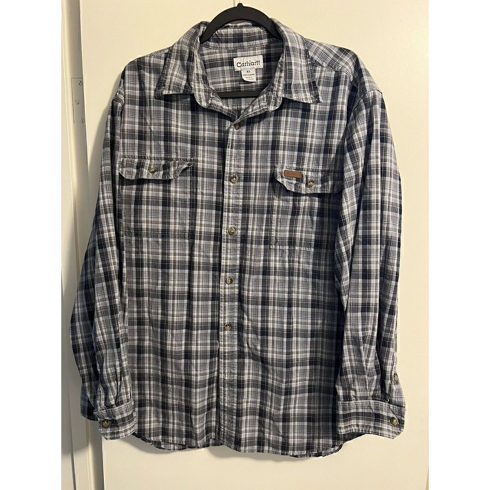 Carhartt Mens Blue Gray Plaid Button Up Double Pocket Long Sleeve Size XL